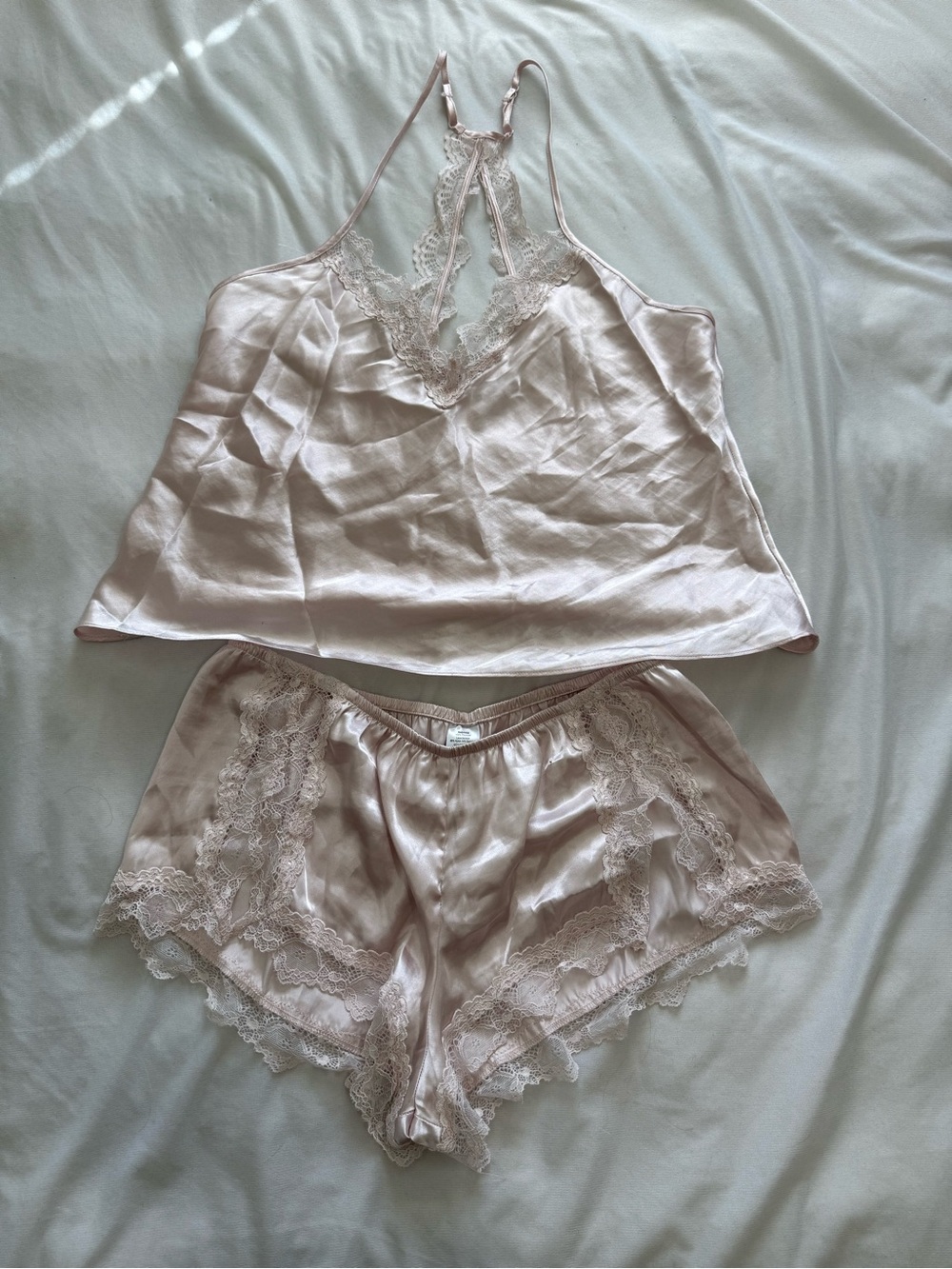 Lace-Trim Satin Cami & Short Sleep Set in Pale Blush